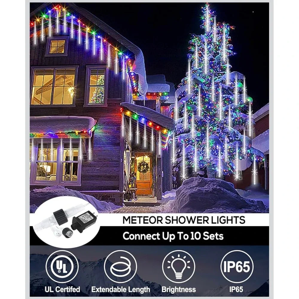 Meteor Shower Rain Lights 10 Tubes 240 LED Falling Snow Icicle White Outdoor New